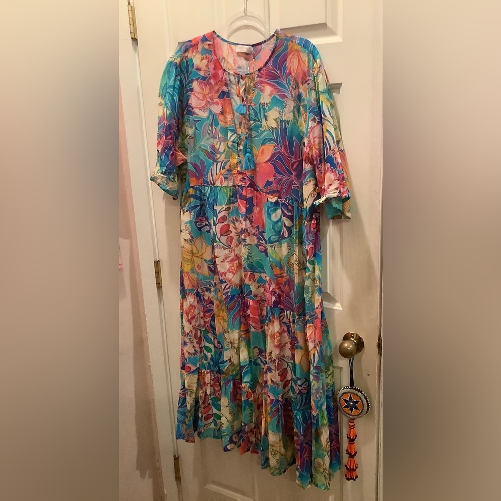 Johnny Was Helena Tiered Maxi Dress in a Vibrant Floral Print, Size 1X, NWT.